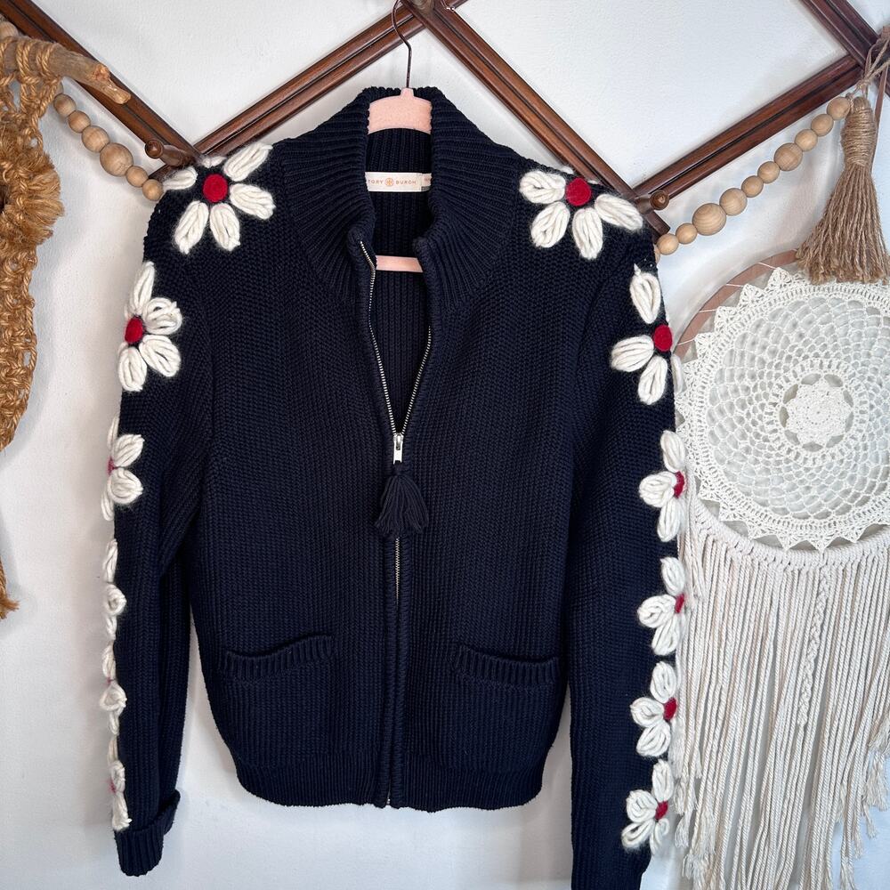 Tory Burch Navy Floral Motif Sleeve Zip Wool Blend Sweater